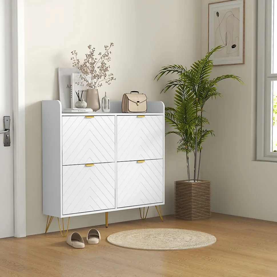 Meuble à chaussures 4 abattants style art déco - dim. 106L x 24l x 102H cm - acier doré MDF blanc