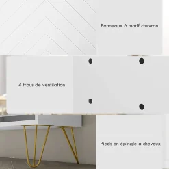 Meuble à chaussures 4 abattants style art déco - dim. 106L x 24l x 102H cm - acier doré MDF blanc