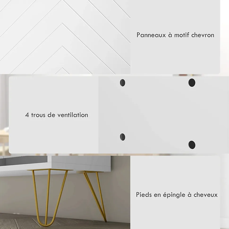 Meuble à chaussures 4 abattants style art déco - dim. 106L x 24l x 102H cm - acier doré MDF blanc