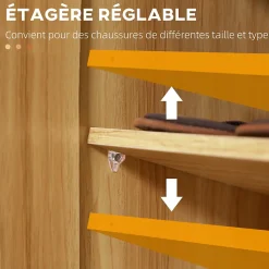 Meuble à chaussures - armoire à chaussures 2 portes 3 étagères 4 niches plateau aspect bois naturel