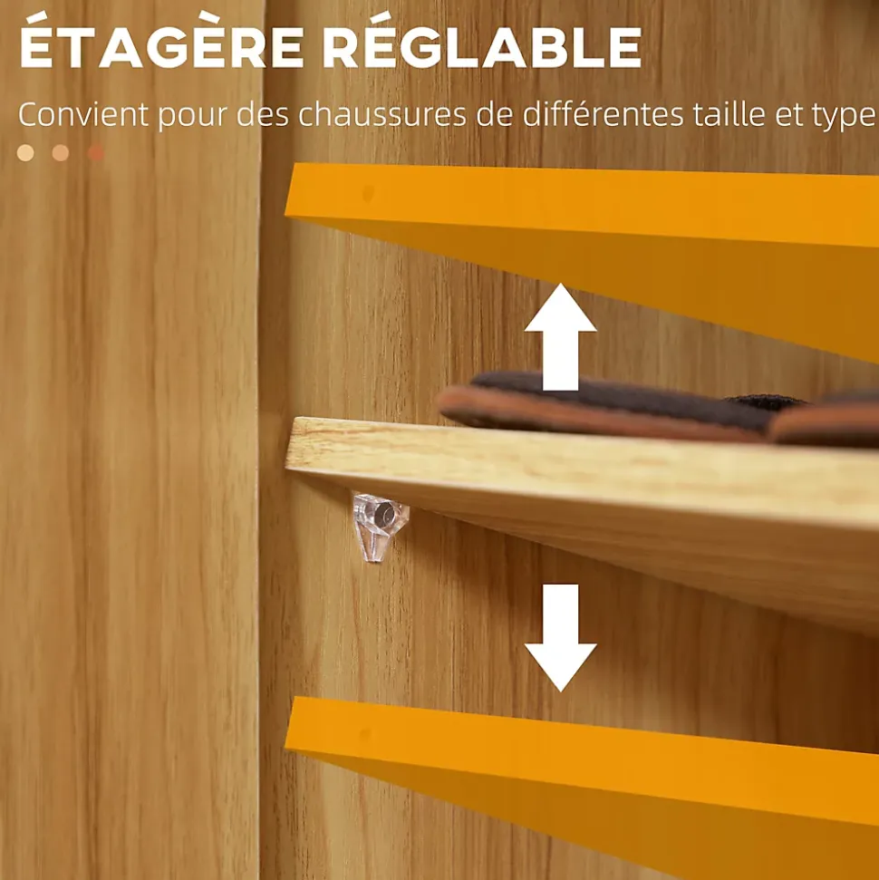 Meuble à chaussures - armoire à chaussures 2 portes 3 étagères 4 niches plateau aspect bois naturel