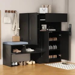 Meuble à Chaussures - Banc avec Assise Rembourrée et Portes Abattantes Soft-Close, Étagères Réglables - 130 x 35 x 110 cm - Noir