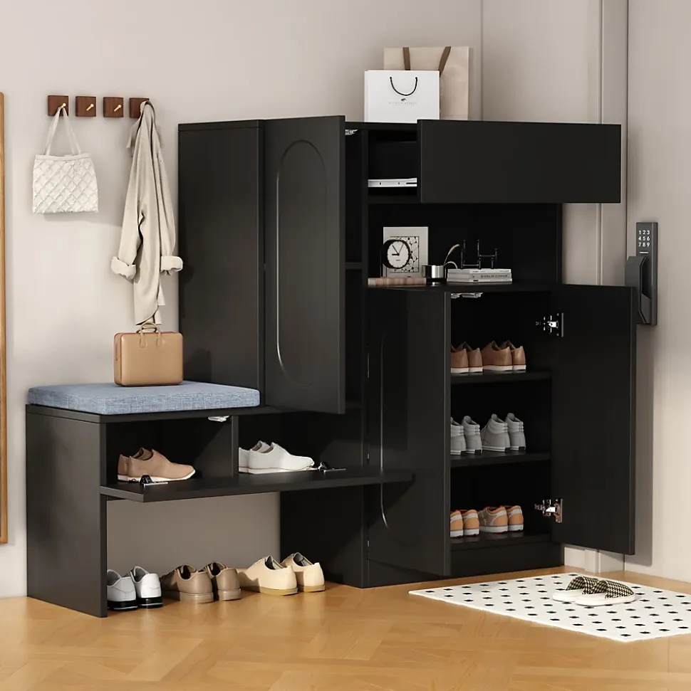 Meuble à Chaussures - Banc avec Assise Rembourrée et Portes Abattantes Soft-Close, Étagères Réglables - 130 x 35 x 110 cm - Noir