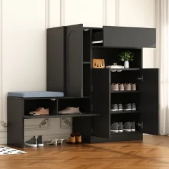 Meuble à Chaussures - Banc avec Assise Rembourrée et Portes Abattantes Soft-Close, Étagères Réglables - 130 x 35 x 110 cm - Noir