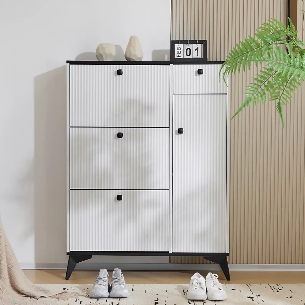 Meuble à chaussures - Basculant avec 3 Abattants, avec Tiroir et Porte Latérale, Meuble d'entrée Compact - Blanc - 121x90x25 cm