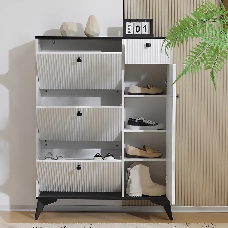Meuble à chaussures - Basculant avec 3 Abattants, avec Tiroir et Porte Latérale, Meuble d'entrée Compact - Blanc - 121x90x25 cm