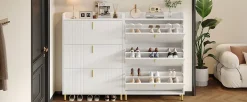Meuble à chaussures 80 cm, 3 portes basculantes, blanc mat, pieds métal doré et étagères réglables
