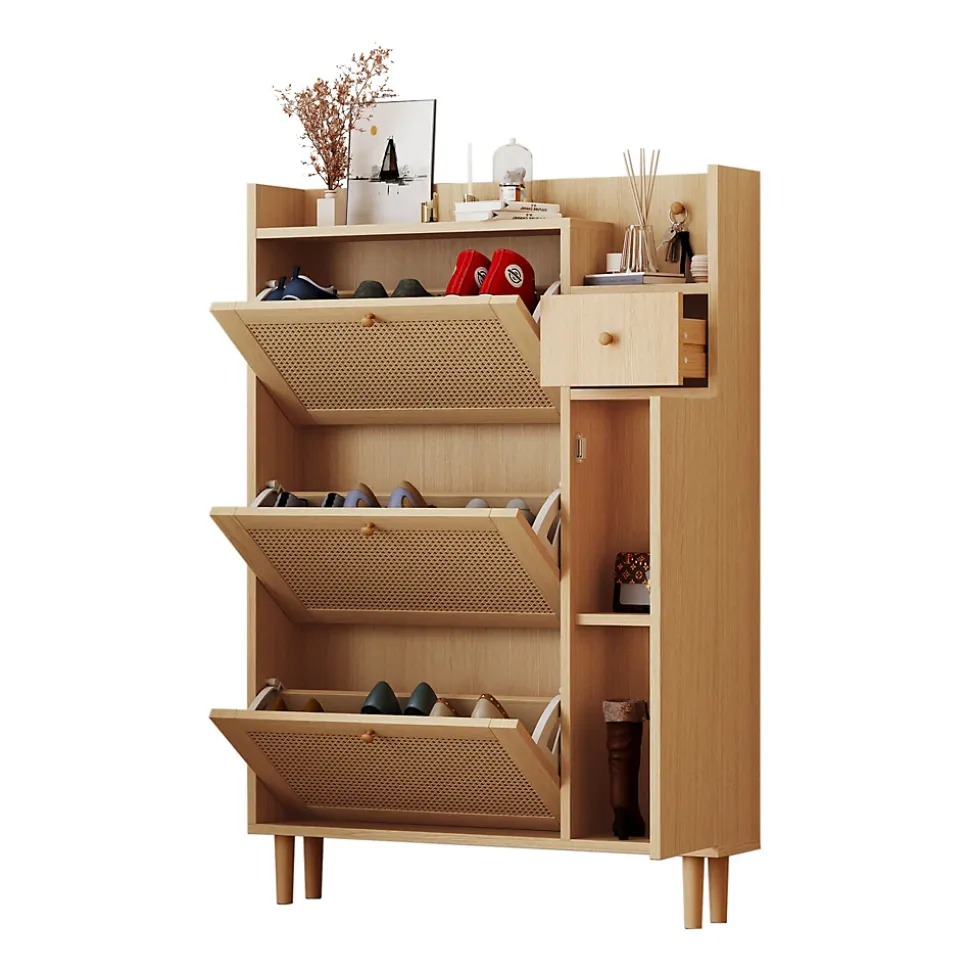 Meuble à chaussures 90 cm, 3 portes basculantes, tiroir latéral, pieds bois massif, finition rotin
