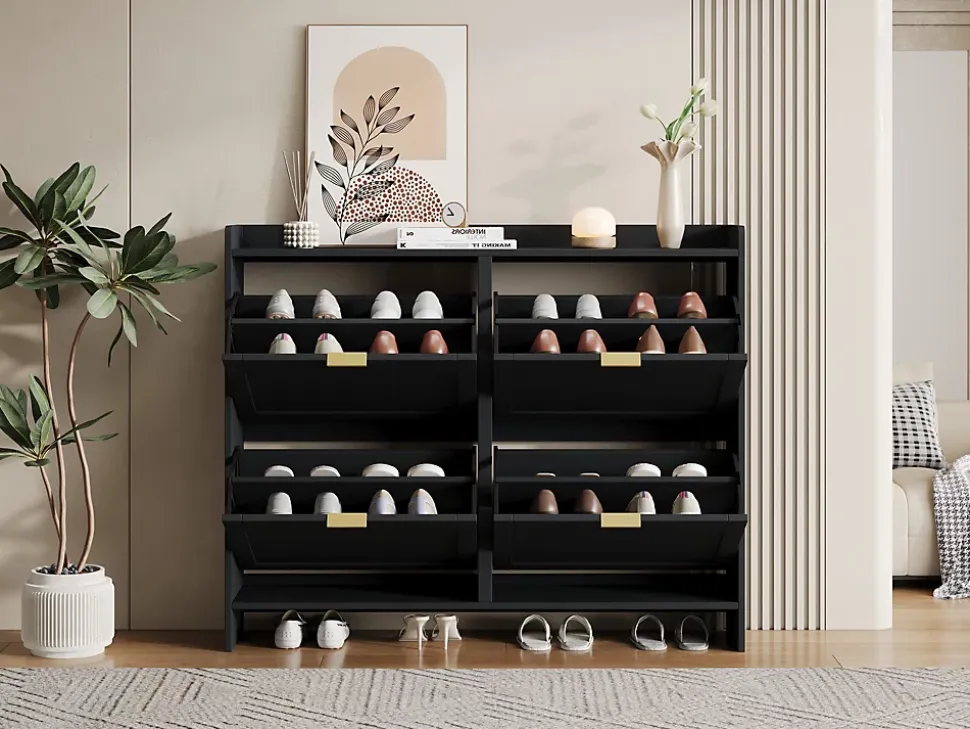 Meuble à chaussures 110 cm avec portes basculantes et étagères réglables, finition noir moderne