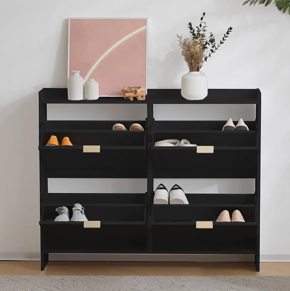 Meuble à chaussures 110 cm avec portes basculantes et étagères réglables, finition noir moderne