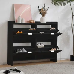 Meuble à chaussures 110 cm avec portes basculantes et étagères réglables, finition noir moderne