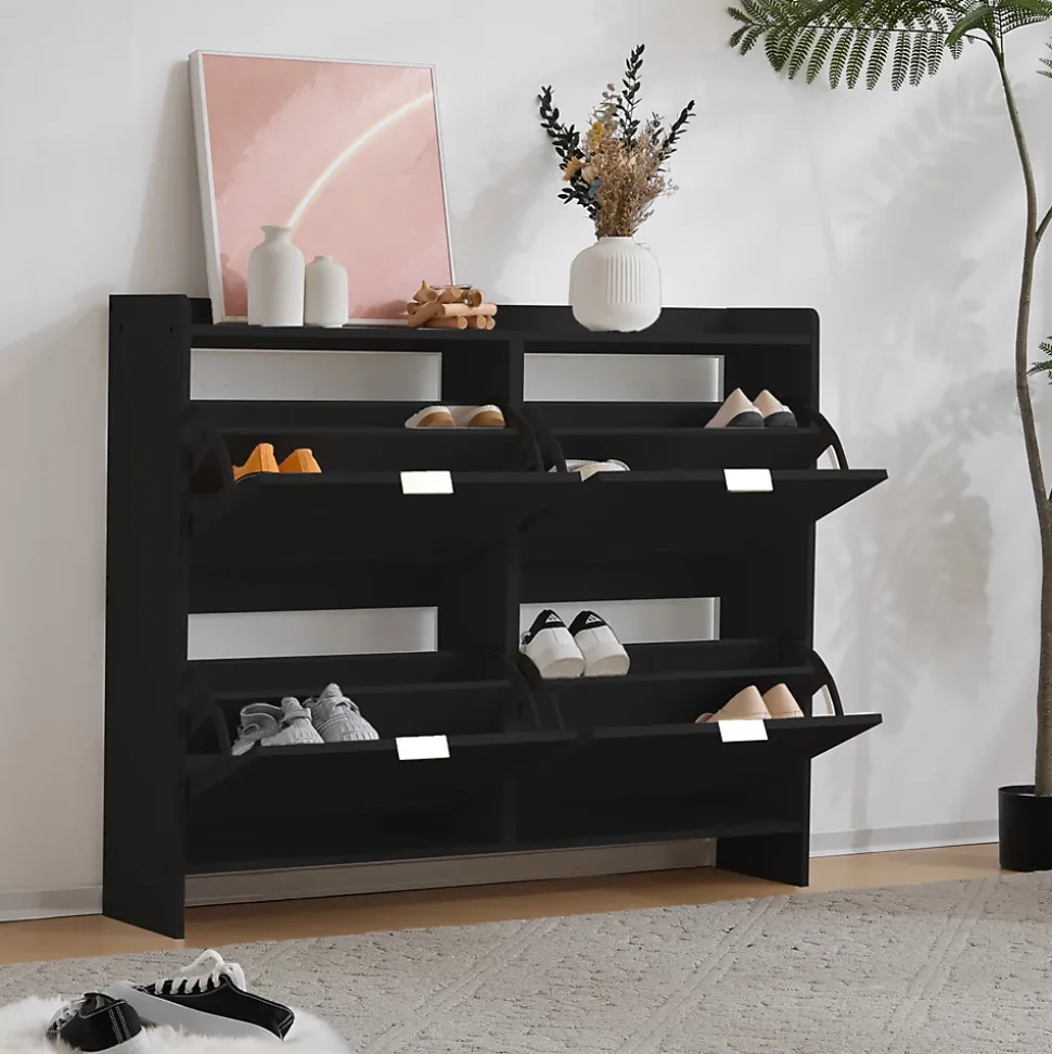 Meuble à chaussures 110 cm avec portes basculantes et étagères réglables, finition noir moderne