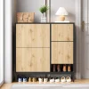 Meuble à chaussures 100 cm avec 3 portes basculantes et banc escamotable, noir et bois naturel