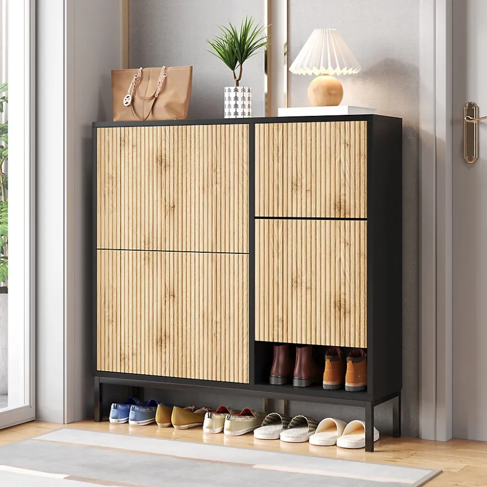 Meuble à chaussures 100 cm avec 3 portes basculantes et banc escamotable, noir et bois naturel