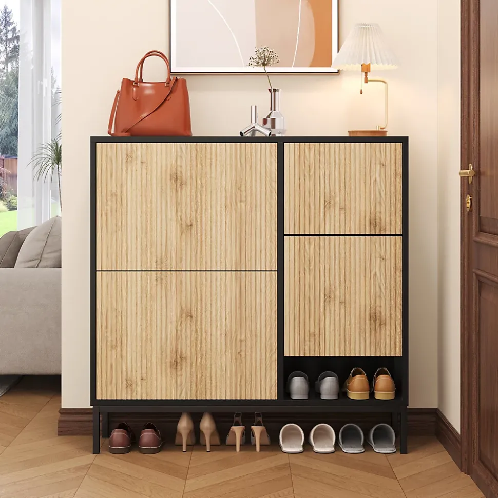 Meuble à chaussures 100 cm avec 3 portes basculantes et banc escamotable, noir et bois naturel