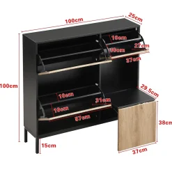 Meuble à chaussures 100 cm avec 3 portes basculantes et banc escamotable, noir et bois naturel