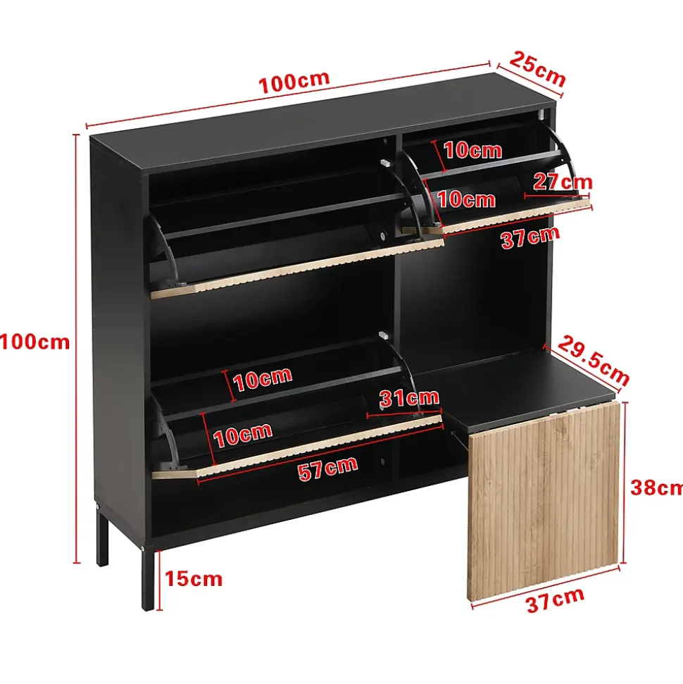 Meuble à chaussures 100 cm avec 3 portes basculantes et banc escamotable, noir et bois naturel