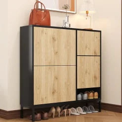 Meuble à chaussures 100 cm avec 3 portes basculantes et banc escamotable, noir et bois naturel
