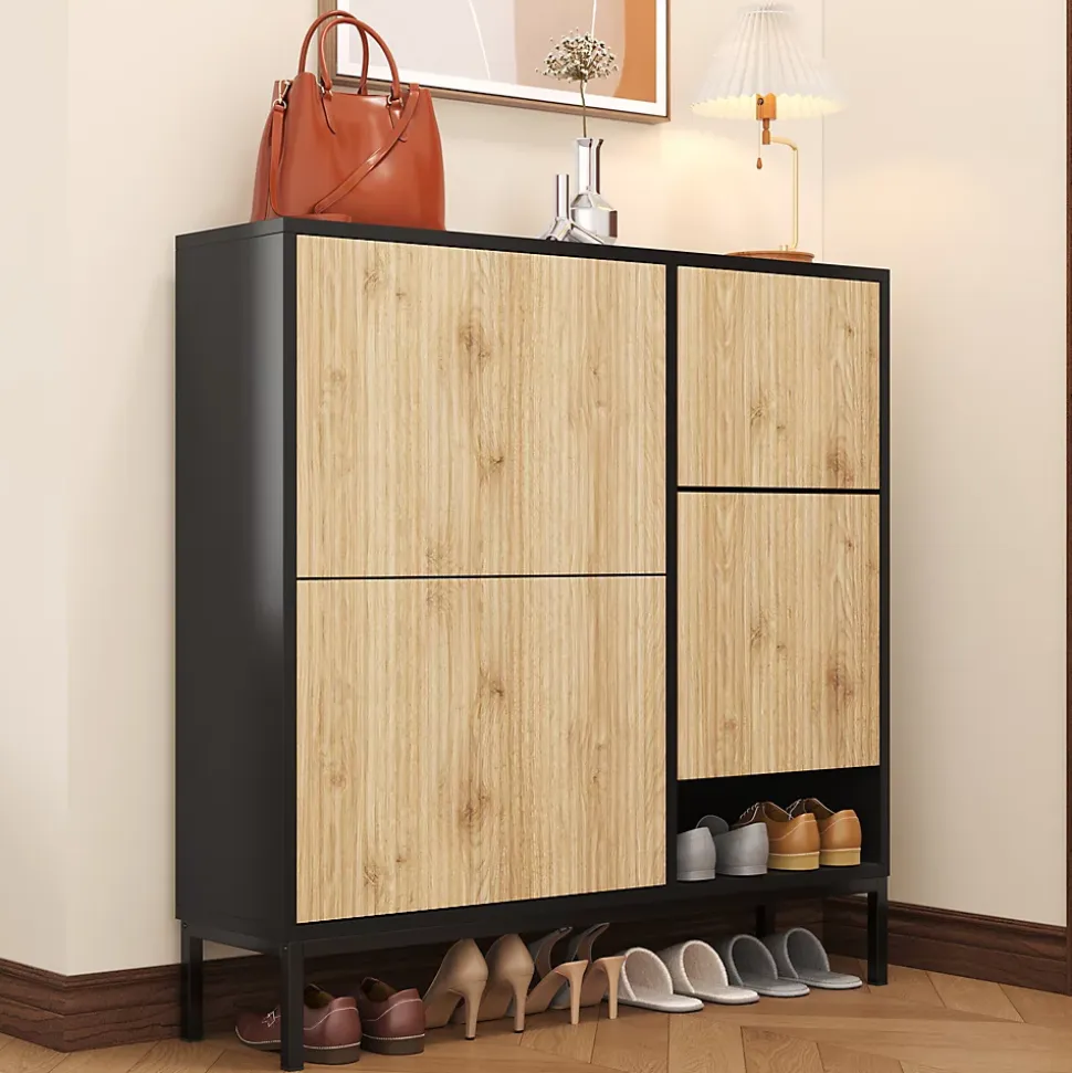 Meuble à chaussures 100 cm avec 3 portes basculantes et banc escamotable, noir et bois naturel