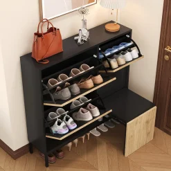 Meuble à chaussures 100 cm avec 3 portes basculantes et banc escamotable, noir et bois naturel