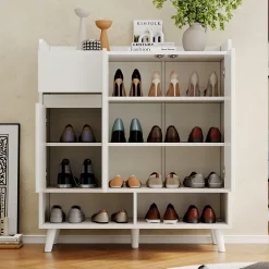 Meuble à chaussures 90 cm avec étagères réglables et pieds en bois massif, design moderne blanc sans poignées