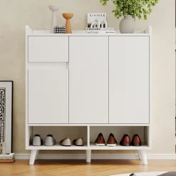 Meuble à chaussures 90 cm avec étagères réglables et pieds en bois massif, design moderne blanc sans poignées