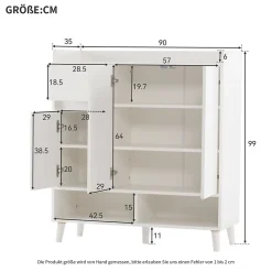 Meuble à chaussures 90 cm avec étagères réglables et pieds en bois massif, design moderne blanc sans poignées