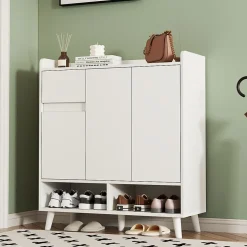 Meuble à chaussures 90 cm avec étagères réglables et pieds en bois massif, design moderne blanc sans poignées