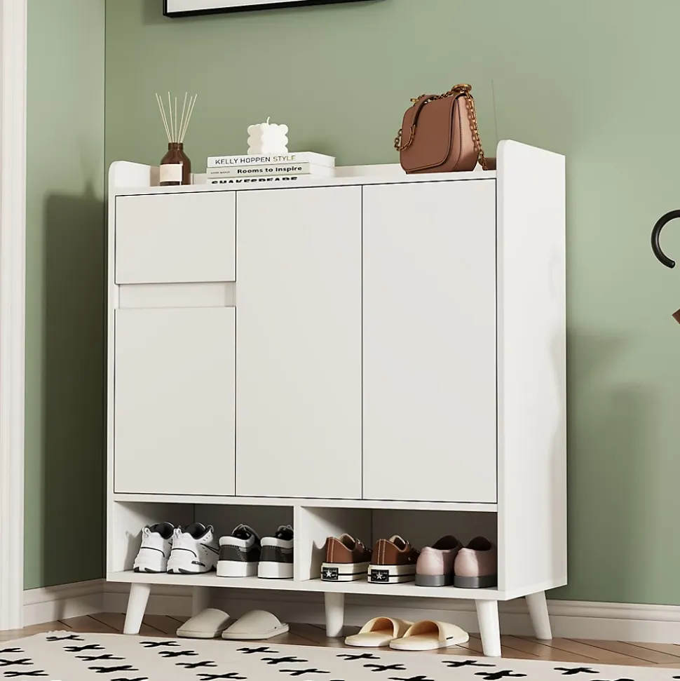 Meuble à chaussures 90 cm avec étagères réglables et pieds en bois massif, design moderne blanc sans poignées
