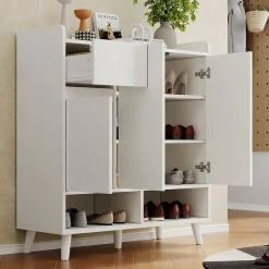 Meuble à chaussures 90 cm avec étagères réglables et pieds en bois massif, design moderne blanc sans poignées