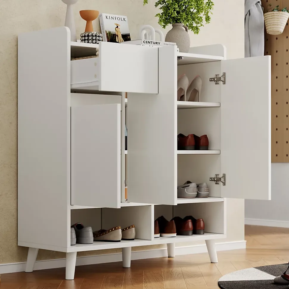 Meuble à chaussures 90 cm avec étagères réglables et pieds en bois massif, design moderne blanc sans poignées