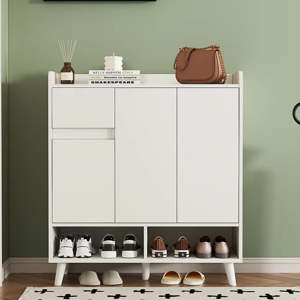Meuble à chaussures 90 cm avec étagères réglables et pieds en bois massif, design moderne blanc sans poignées