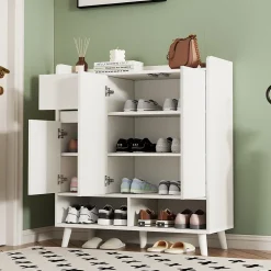 Meuble à chaussures 90 cm avec étagères réglables et pieds en bois massif, design moderne blanc sans poignées
