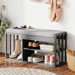 Meuble à chaussures 86 cm avec banc rembourré et 3 étagères ouvertes, structure métal gris, style moderne