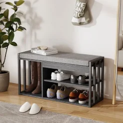Meuble à chaussures 86 cm avec banc rembourré et 3 étagères ouvertes, structure métal gris, style moderne