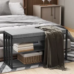 Meuble à chaussures 86 cm avec banc rembourré et 3 étagères ouvertes, structure métal gris, style moderne