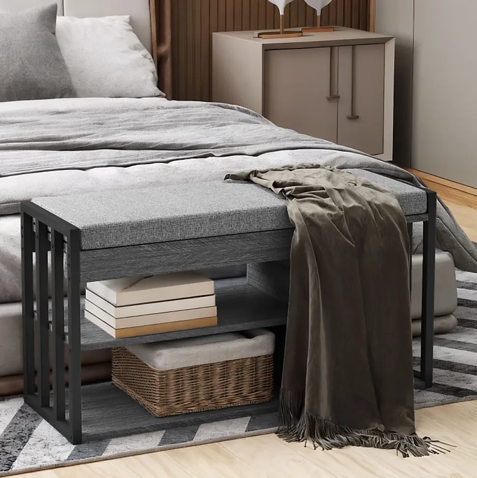 Meuble à chaussures 86 cm avec banc rembourré et 3 étagères ouvertes, structure métal gris, style moderne