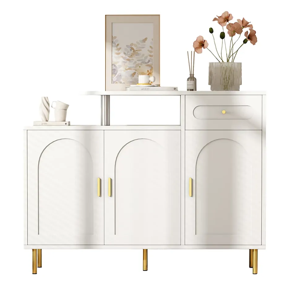 Meuble à chaussures 120 cm avec 3 portes courbes, 1 tiroir et poignées métal, finition blanche moderne