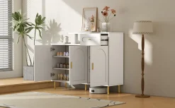 Meuble à chaussures 120 cm avec 3 portes courbes, 1 tiroir et poignées métal, finition blanche moderne