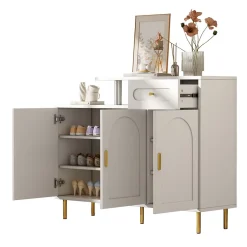 Meuble à chaussures 120 cm avec 3 portes courbes, 1 tiroir et poignées métal, finition blanche moderne