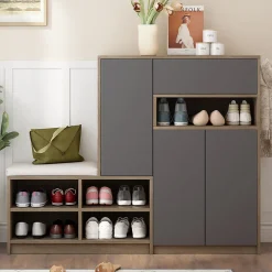 Meuble à chaussures 140 cm avec siège rembourré et étagères réglables, portes à retour, coloris gris