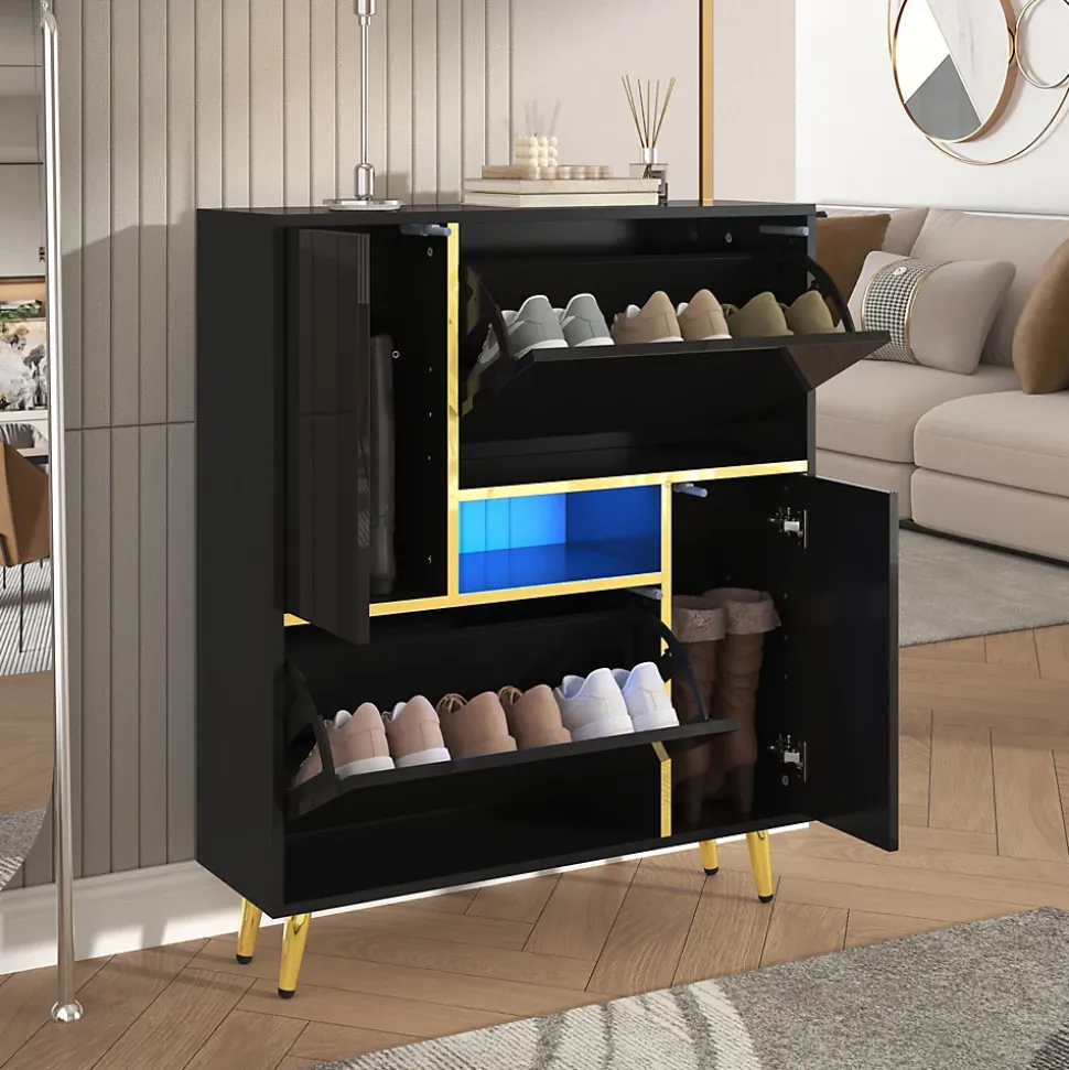 Meuble à chaussures 80 cm avec façade brillante noire, bande LED 16 couleurs et portes à étagères réglables