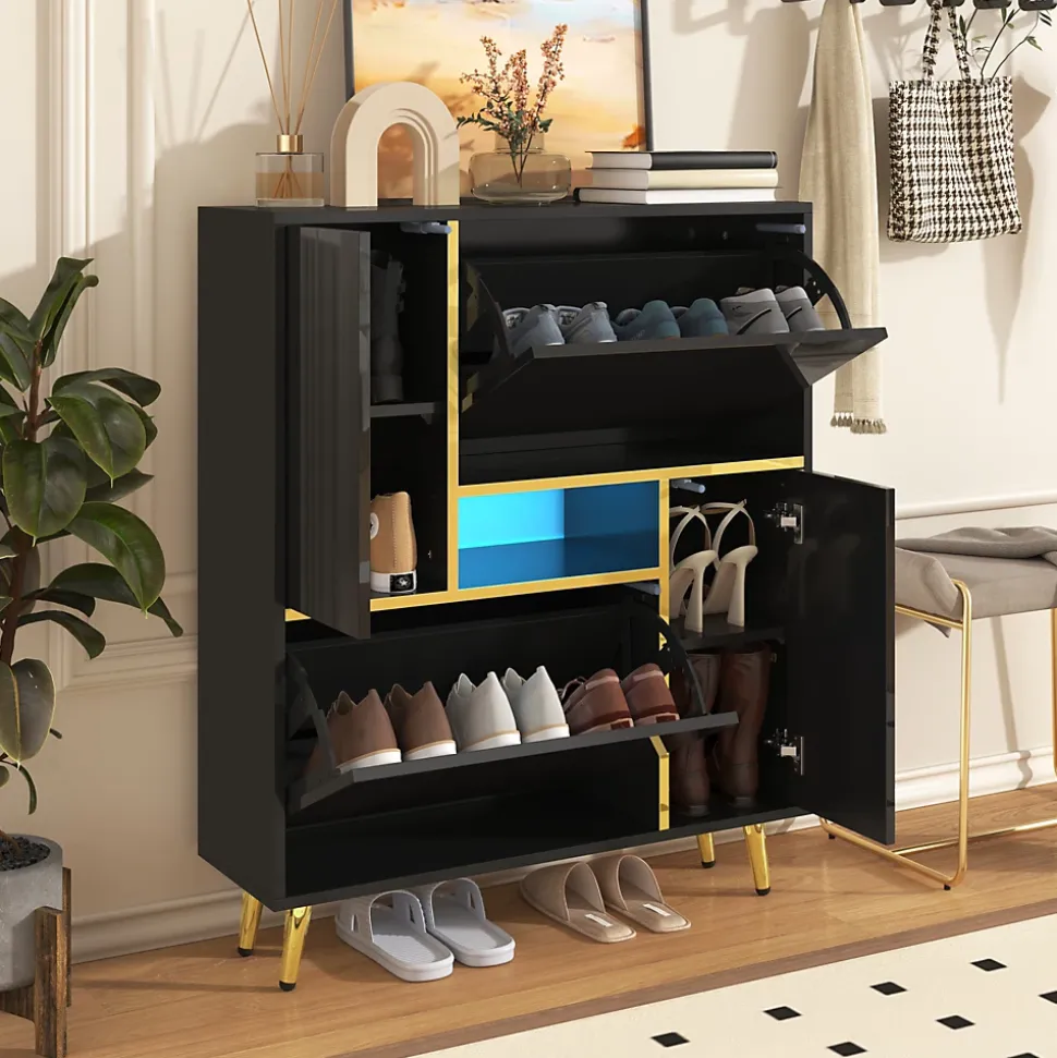 Meuble à chaussures 80 cm avec façade brillante noire, bande LED 16 couleurs et portes à étagères réglables