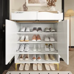 Meuble à chaussures 80 cm avec éclairage LED 16 couleurs, portes à étagères réglables et pieds métal doré