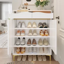 Meuble à chaussures 80 cm avec éclairage LED 16 couleurs, portes à étagères réglables et pieds métal doré