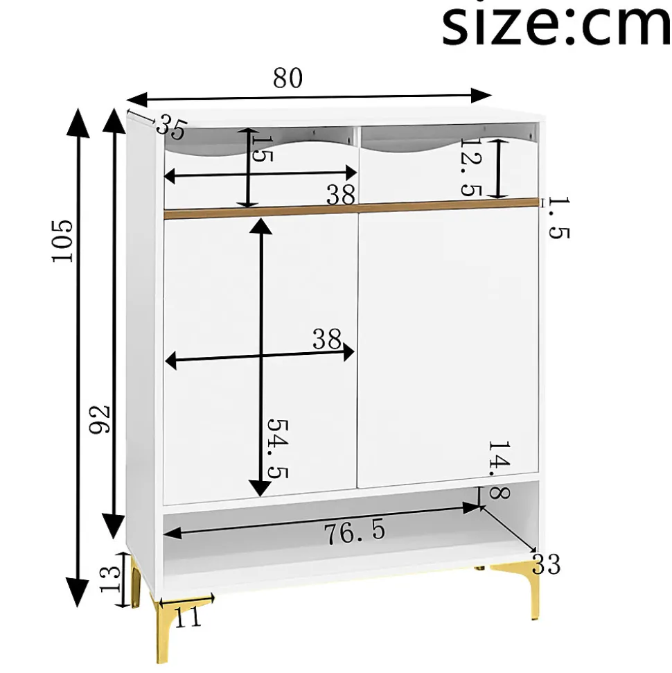 Meuble à chaussures 80 cm avec éclairage LED 16 couleurs, portes à étagères réglables et pieds métal doré