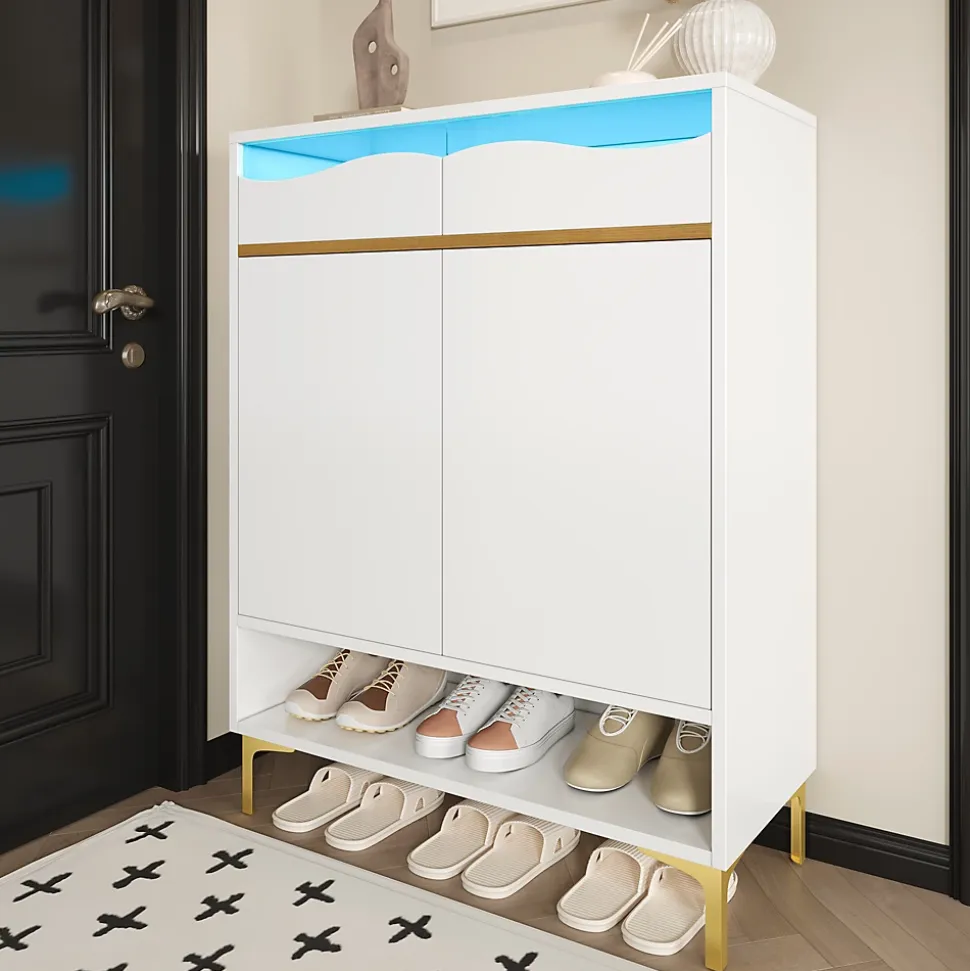 Meuble à chaussures 80 cm avec éclairage LED 16 couleurs, portes à étagères réglables et pieds métal doré