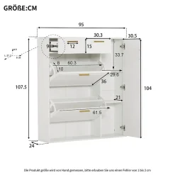 Meuble à chaussures 95 cm avec étagères réglables 2 tiroirs et poignées dorées, finition blanche pour l'entrée