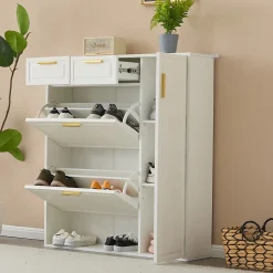Meuble à chaussures 95 cm avec étagères réglables 2 tiroirs et poignées dorées, finition blanche pour l'entrée