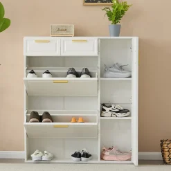 Meuble à chaussures 95 cm avec étagères réglables 2 tiroirs et poignées dorées, finition blanche pour l'entrée